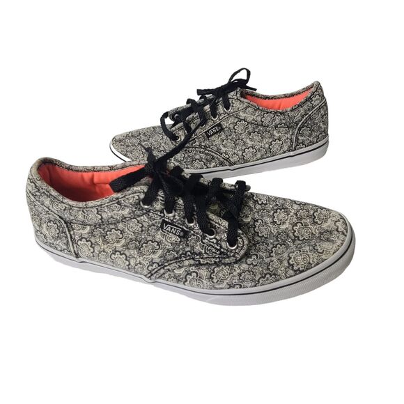 Vans Women SZ 8.5 Atwood Canvas Paisley Low Top Sneakers Lace-Up Black White - Picture 3 of 10